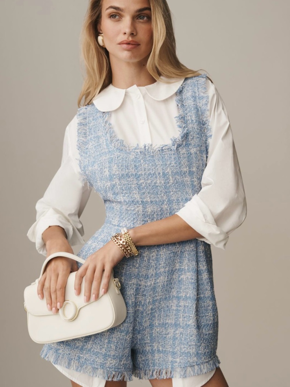 Mauve Light Blue Tweed Romper with White Blouse - Picture 1 of 3